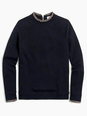 J. Crew Woven Ruffleneck Pullover Sweatshirt Black with Leopard Trim Size Small
